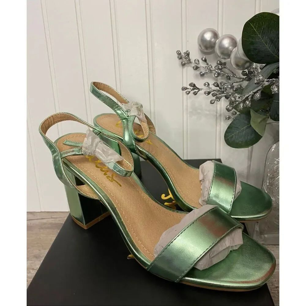 Lulus Womens Metallic Green Sandal High Heel Wedge Shoe Sz 6